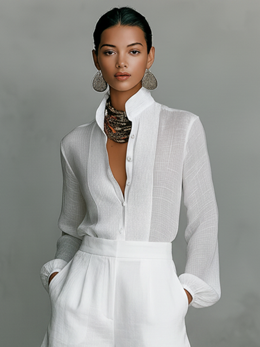 Stand-Collar Linen Shorts Set