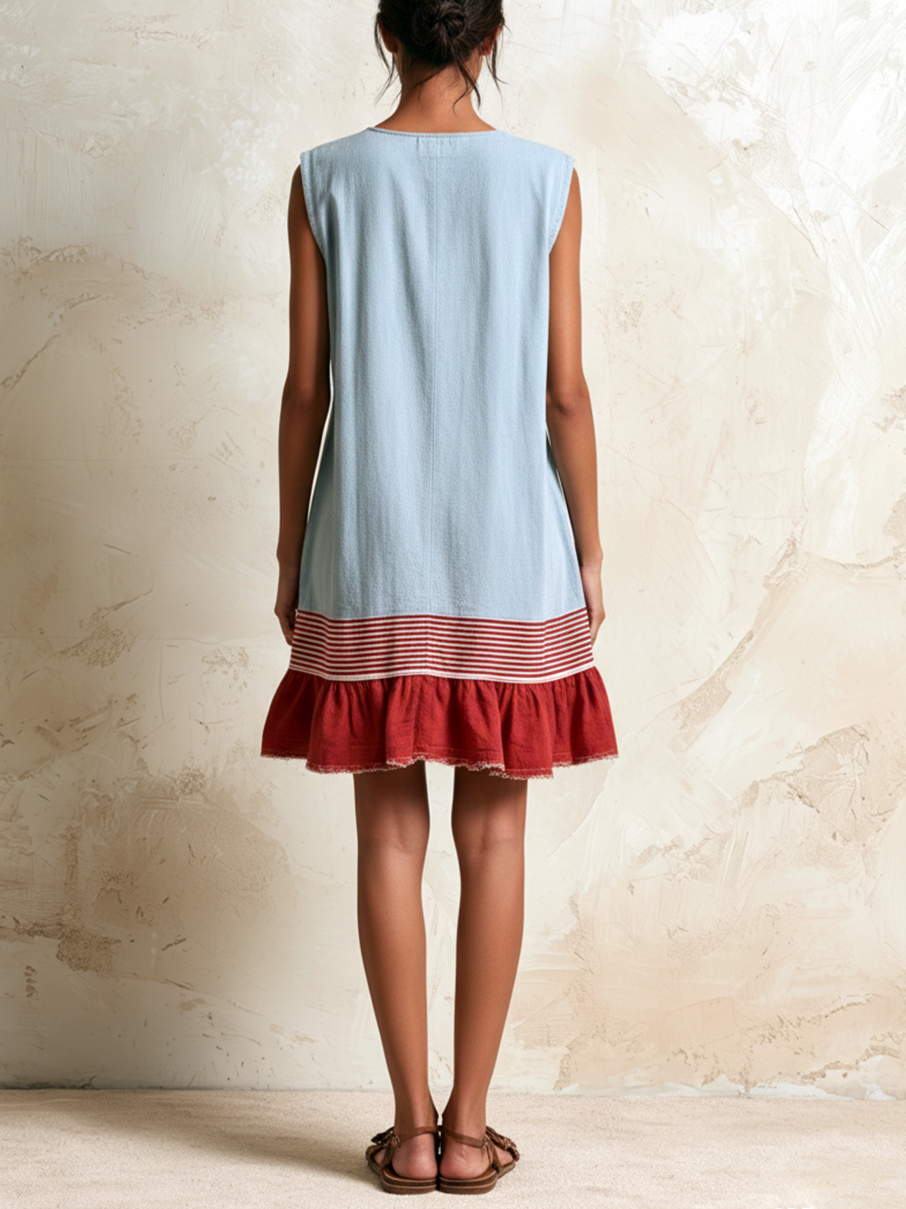 Light Blue Sleeveless Tunic Dress With Red Stripe And Ruffled Hem