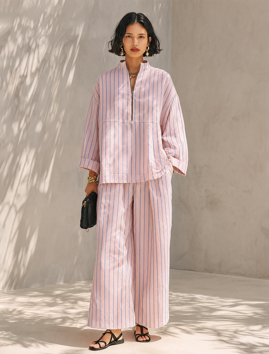 Léa | Striped Half-Zip Wide-Leg Set
