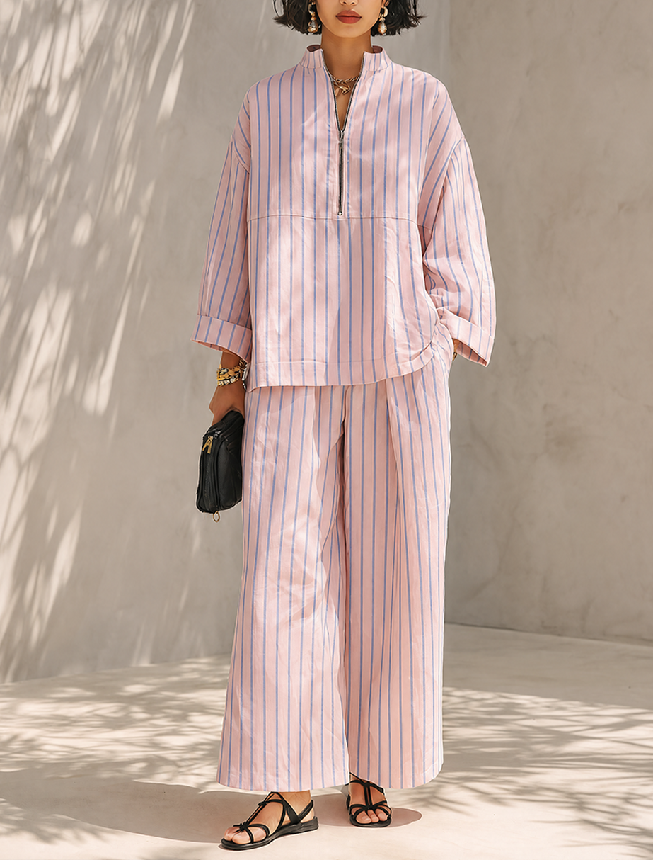 Léa | Striped Half-Zip Wide-Leg Set