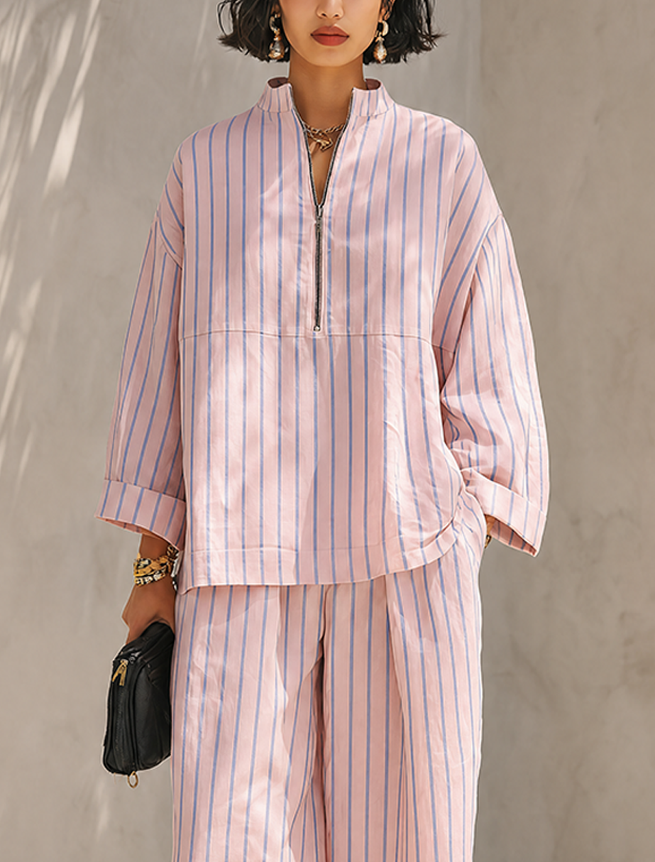 Léa | Striped Half-Zip Wide-Leg Set