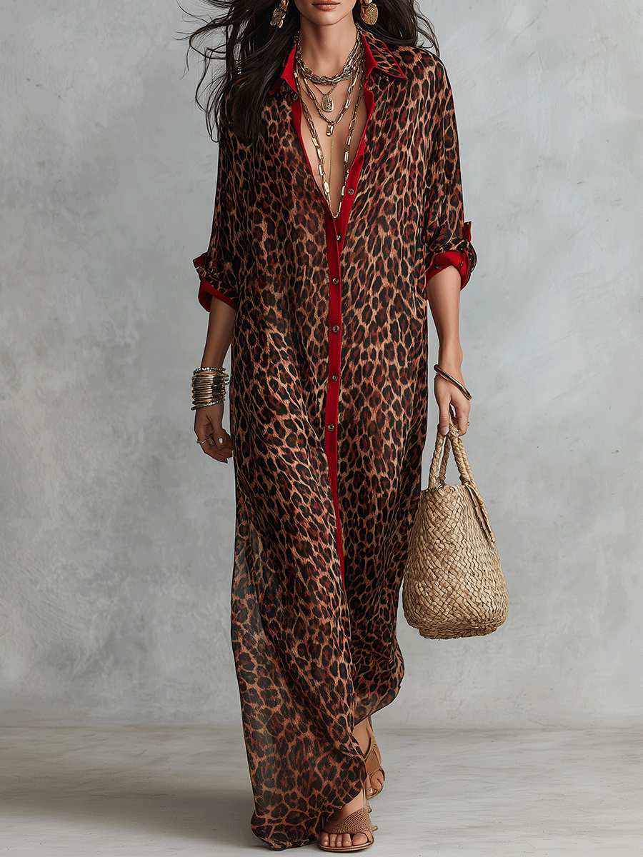 Effortless Glam Sheer Leopard Deep-V Belted Brown Shirt Maxi Dress
