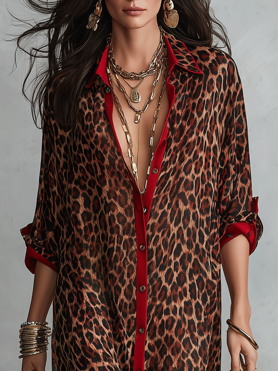 Effortless Glam Sheer Leopard Deep-V Belted Brown Shirt Maxi Dress