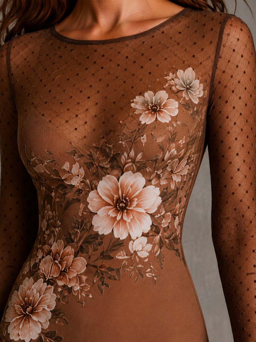 Vintage Floral Print Polka Dot Mesh Long Sleeve Bodycon Midi Dress