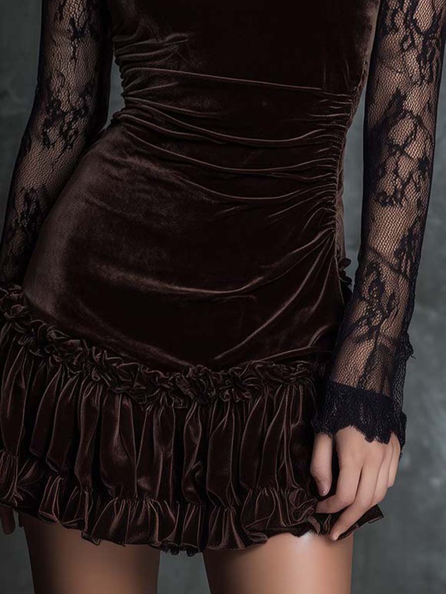 Mini pleated dress in chocolate velvet lace goth