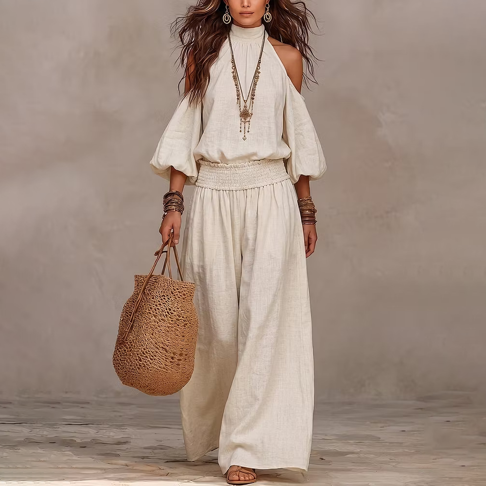 Isla | Boho Cold-Shoulder Wide-Leg Pants Set