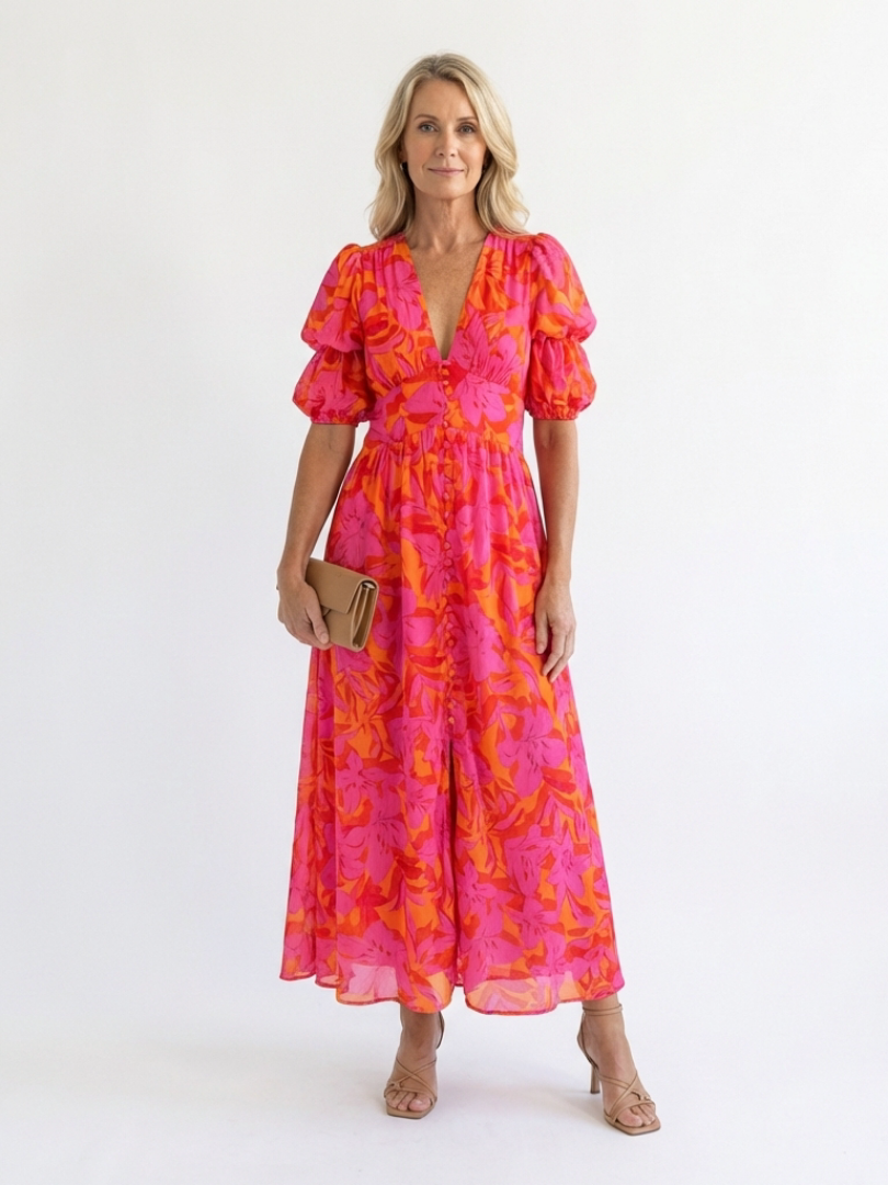 Hayes & Tate™  | Floral V Neck Puff Sleeve Midi Dress