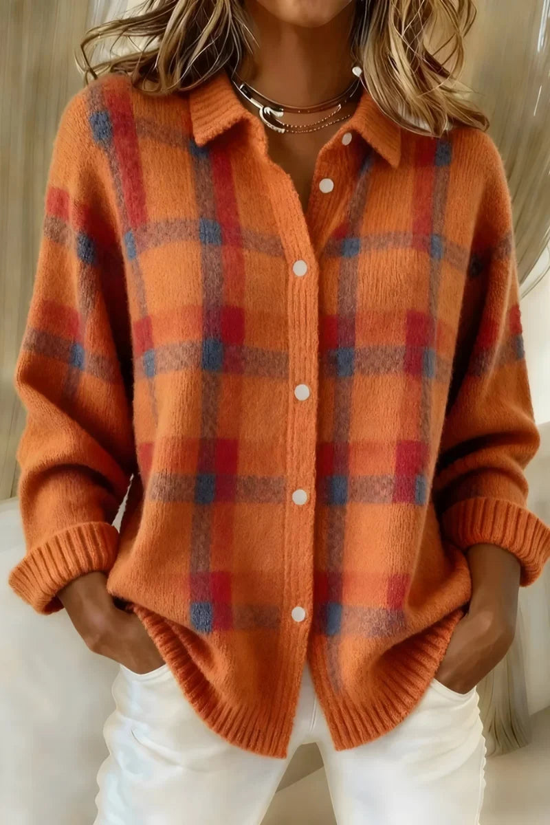MEGAN™ | Plaid Button-Up Knit Cardigan