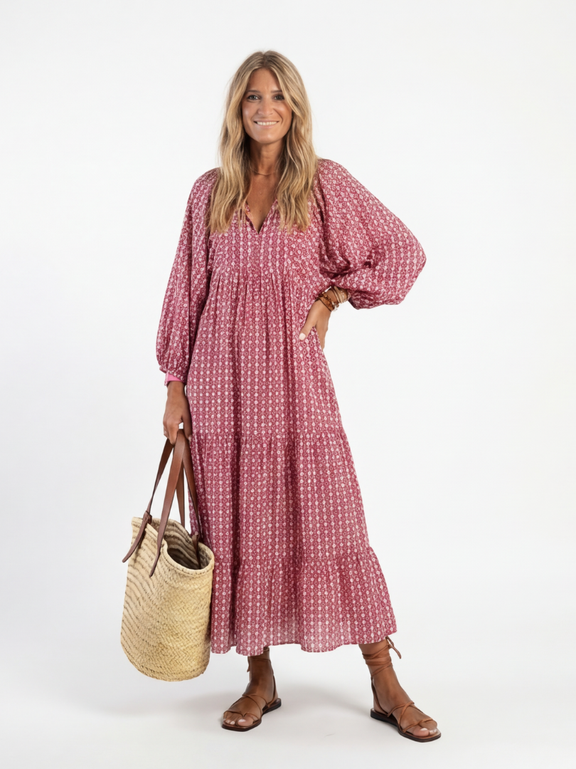 Celeste | Geometric Print Long Sleeve Midi Dress