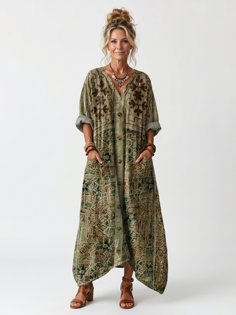 Mira | Button Front Embroidered Oversized Pocket Midi Dress