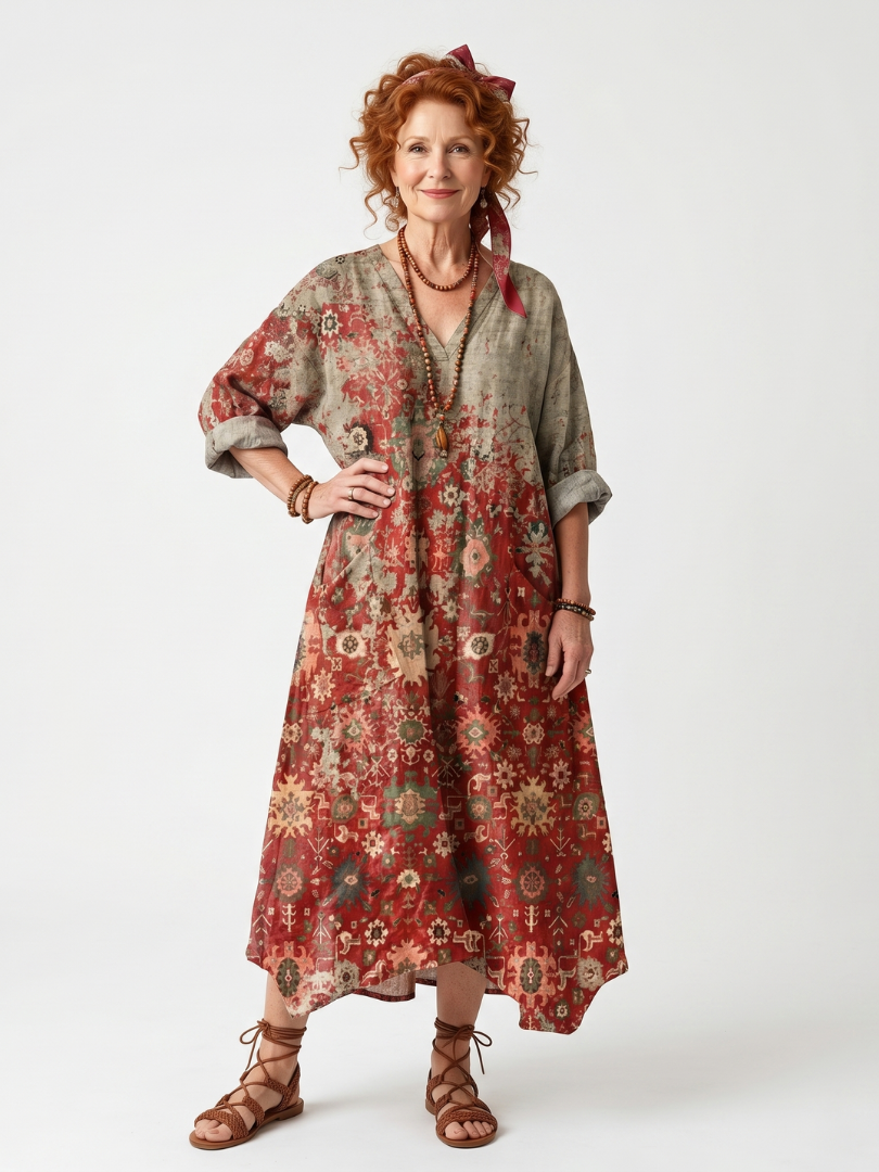 Jasmine | Mixed Pattern Relaxed Pocket Midi Dress