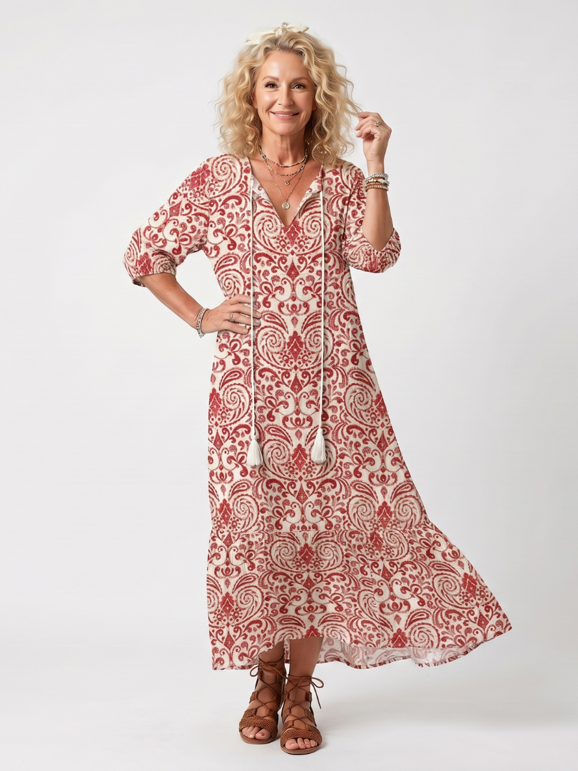 Amara | Ornate Print Tassel Tie Midi Dress