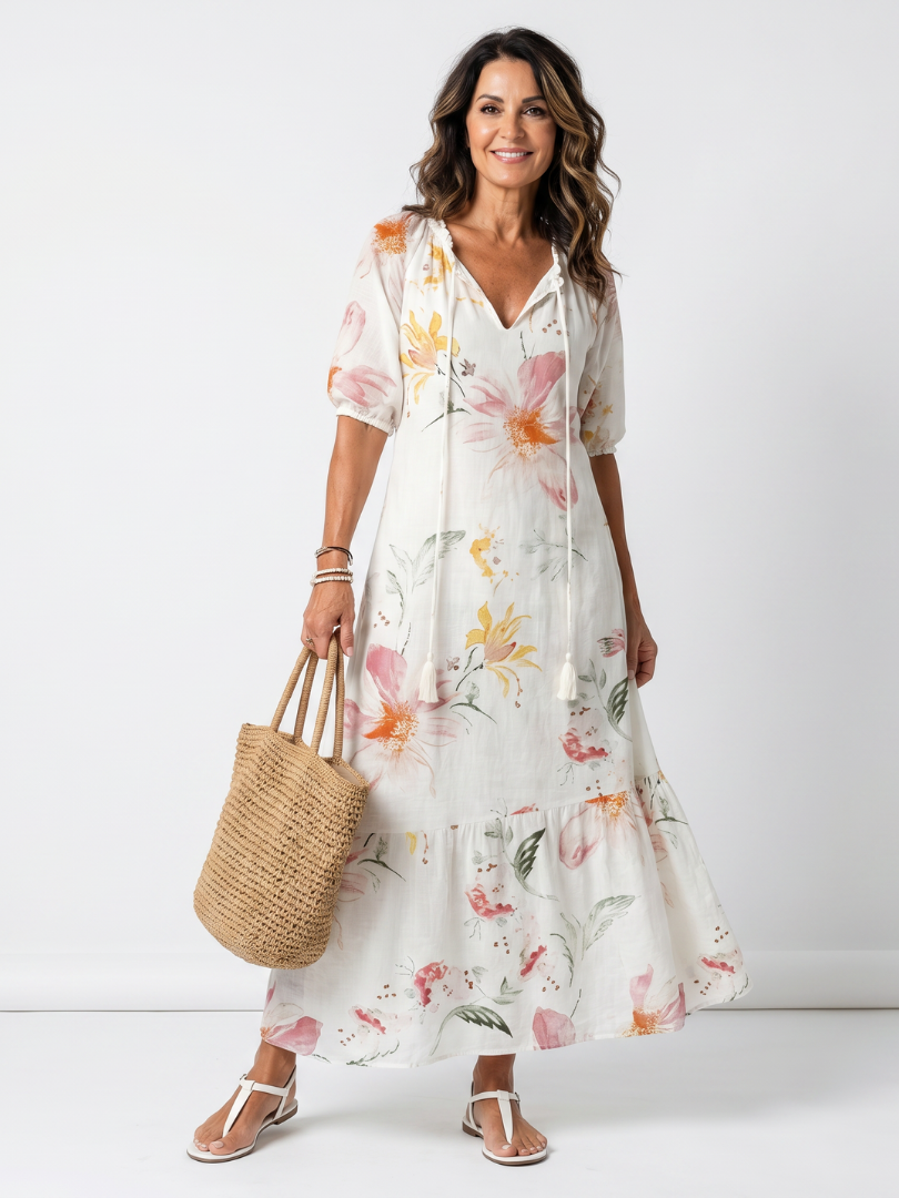 Lila | Soft Floral Tiered Tassel Midi Dress