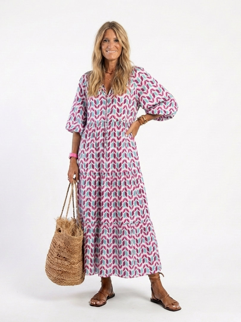 Zara | Geometric Print Long Sleeve Tiered Midi Dress