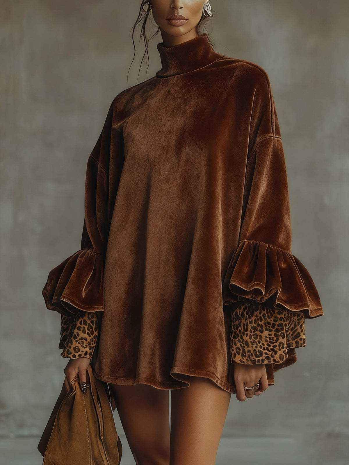 Mini Dress in Leopard Velvet with Ruffled Sleeves