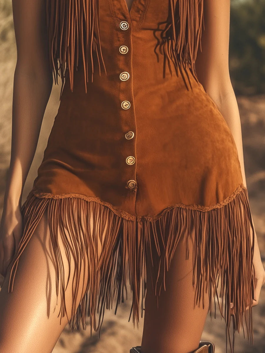 Western Brown Suede Sleeveless Mini Dress with Fringes