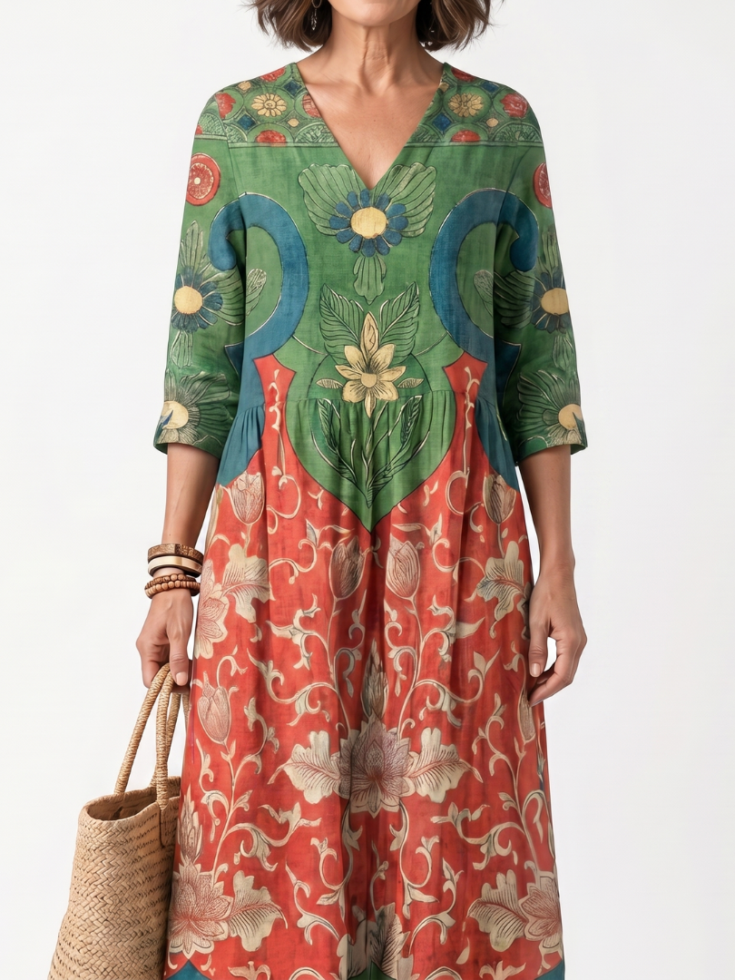 Camille | Mixed Print V Neck Pocket Midi Dress