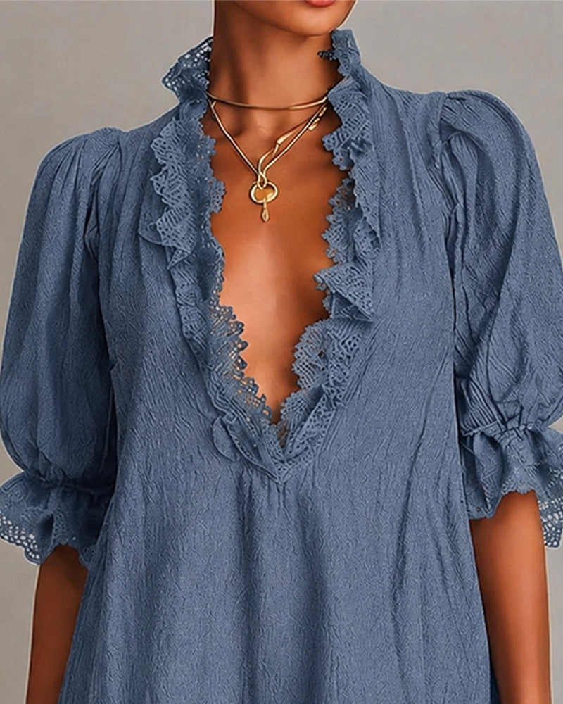 Elodie | Lace-Trim V-Neck Mini Dress