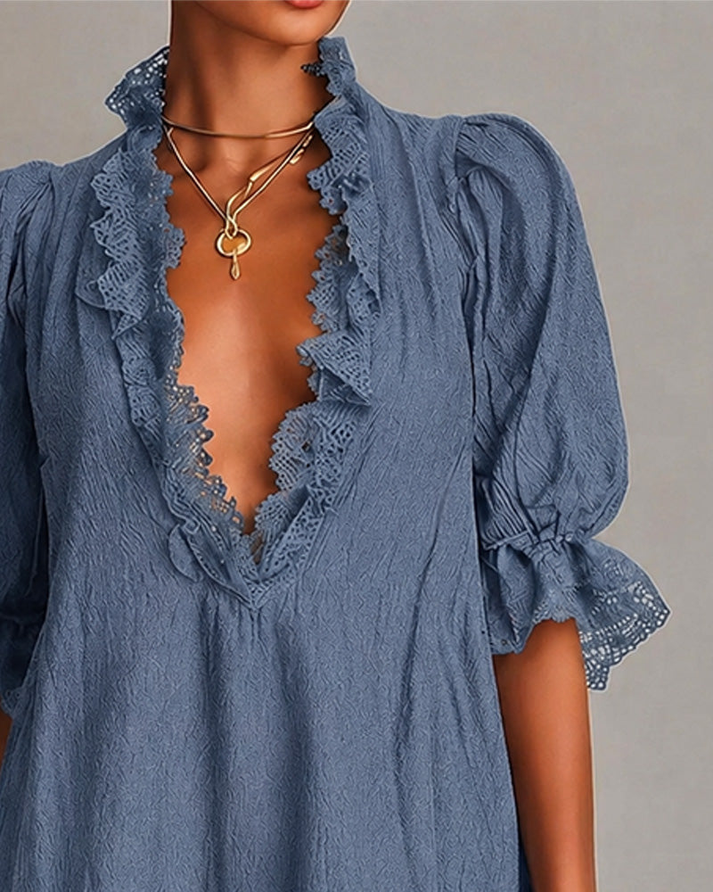 Elodie | Lace-Trim V-Neck Mini Dress