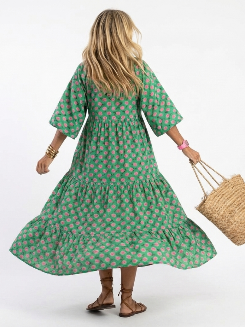 Isabella | Floral Print V Neck Tiered Midi Dress