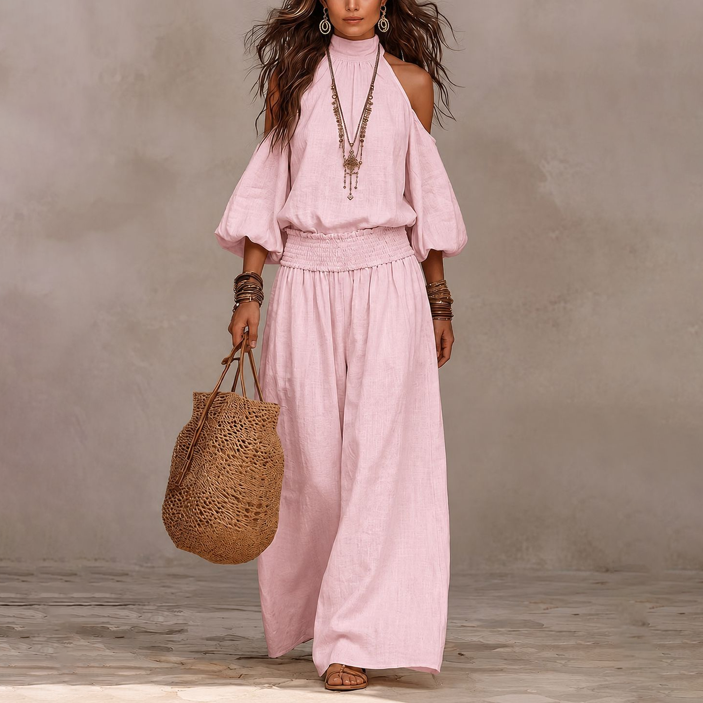 Isla | Boho Cold-Shoulder Wide-Leg Pants Set