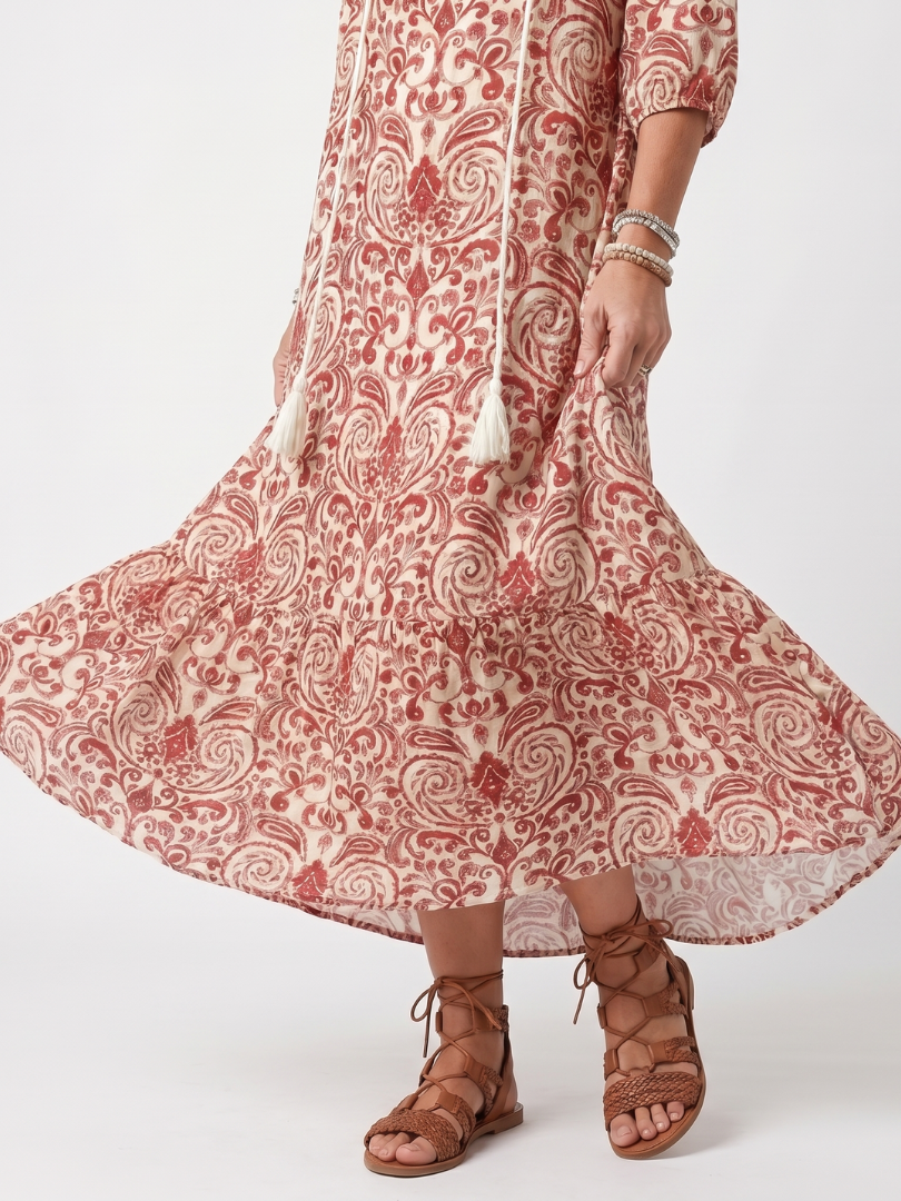 Amara | Ornate Print Tassel Tie Midi Dress