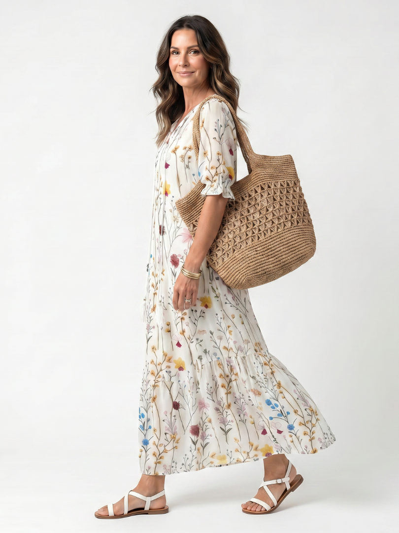 Amara | Botanical Print Tassel Tie Midi Dress