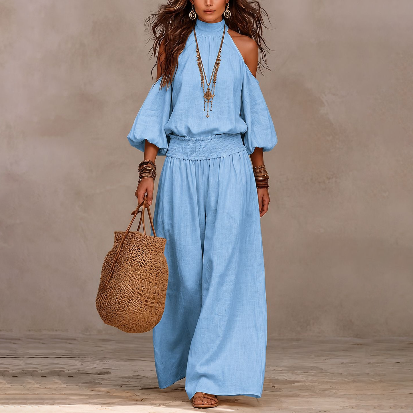 Isla | Boho Cold-Shoulder Wide-Leg Pants Set