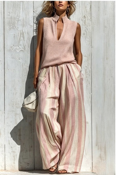 Sarah | Casual Sleeveless Top and Striped Trousers Set