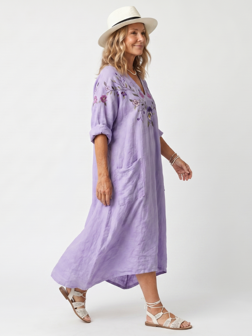 Lila | Floral Embroidered Oversized Pocket Midi Dress