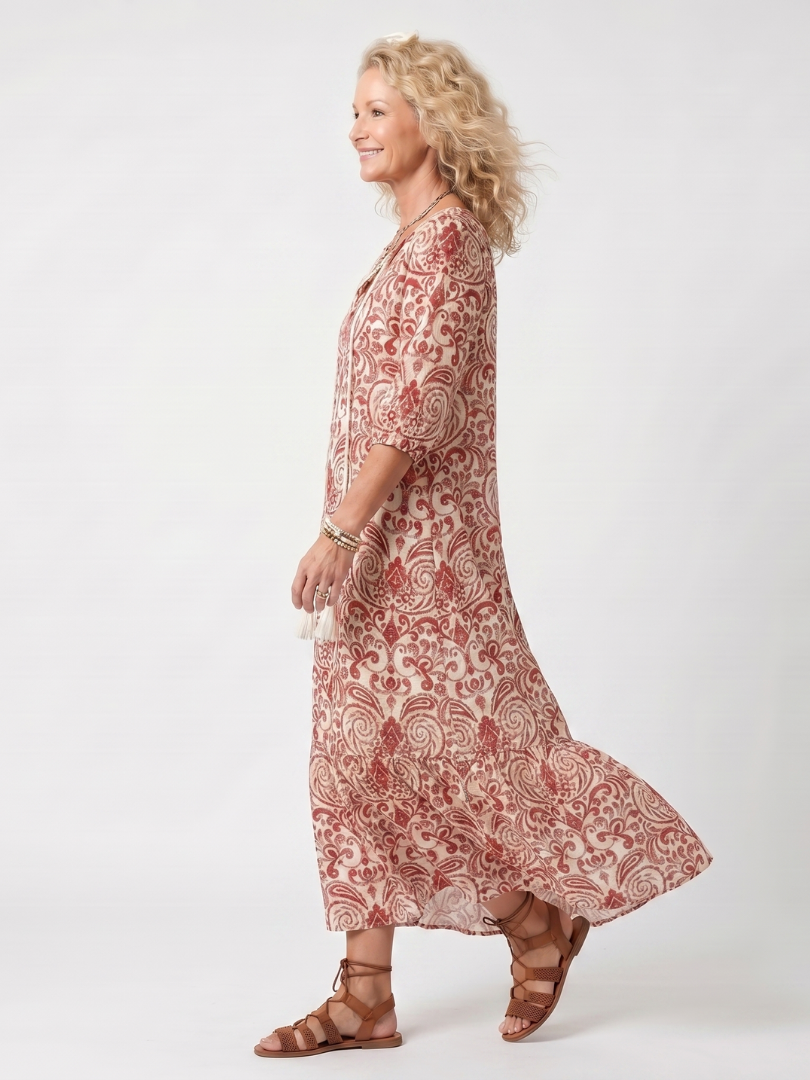 Amara | Ornate Print Tassel Tie Midi Dress