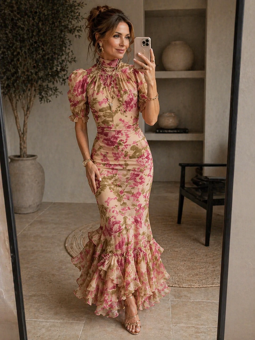 ELVENA™ | Floral Puff-Sleeve Maxi Dress.