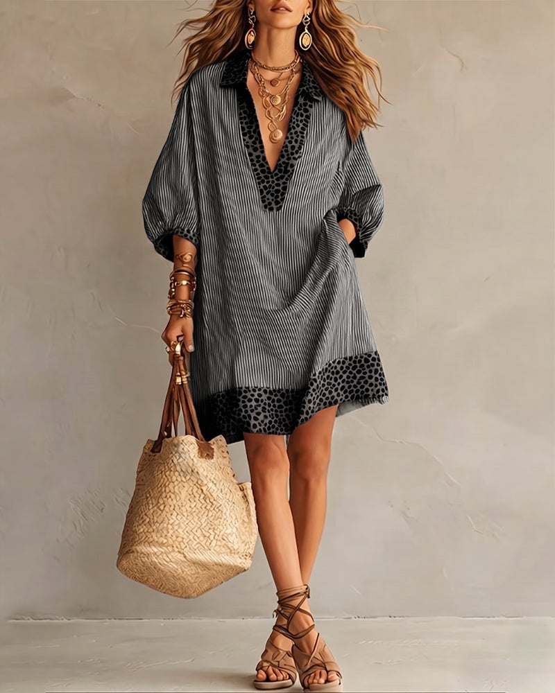 Carly | Leopard Print Panel Puff Sleeve Striped Shirt