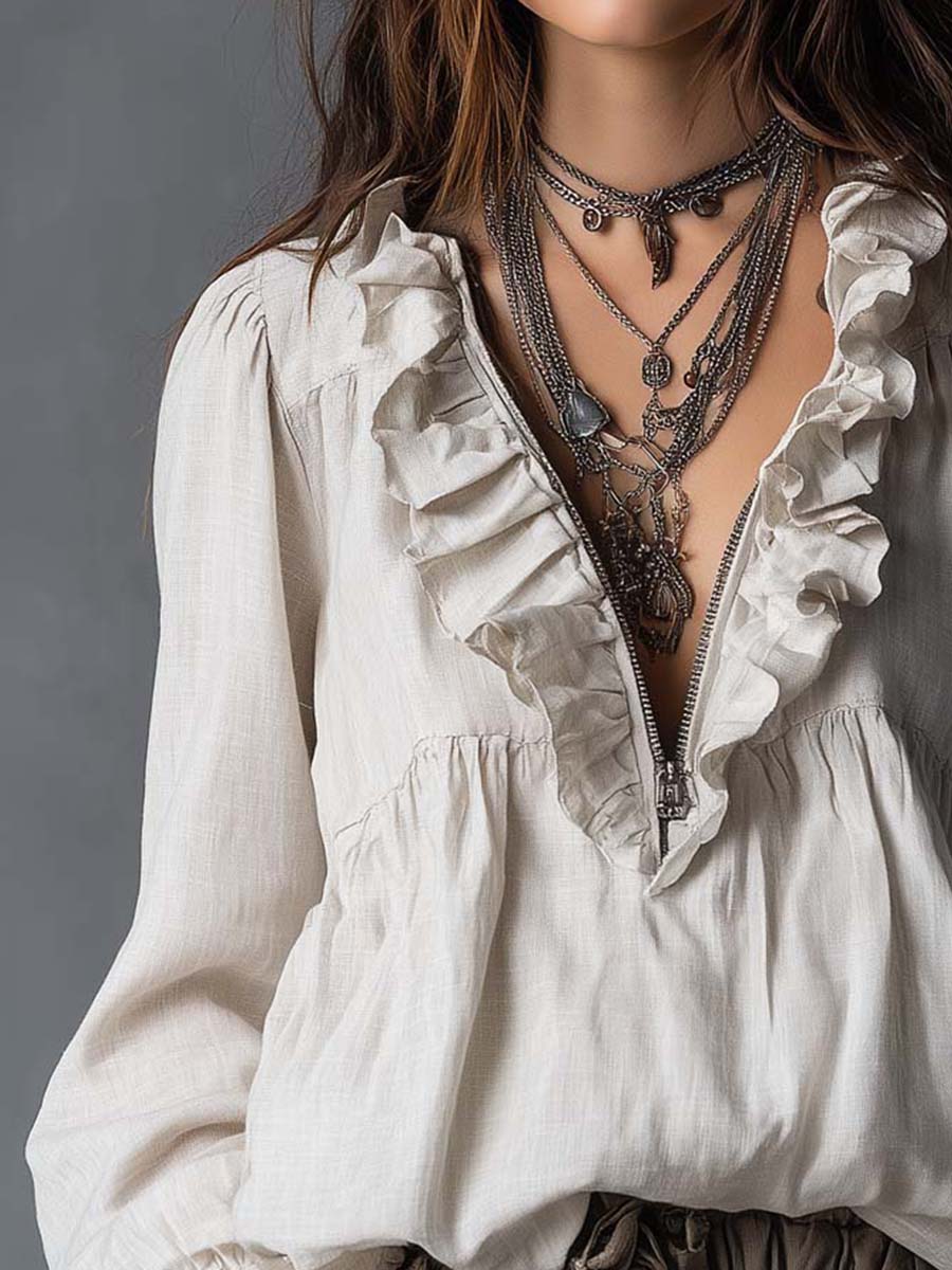 Effortless Zip-up Collar Ruffled Cotton Linen Blouse