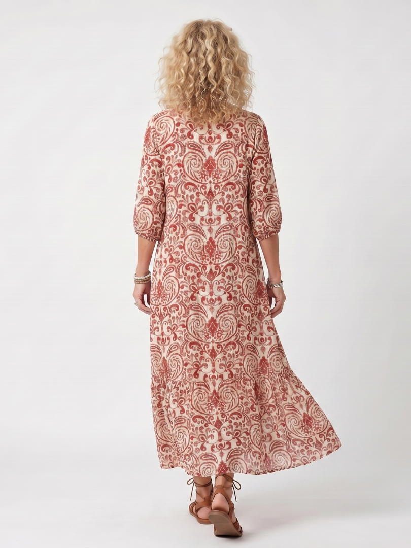 Amara | Ornate Print Tassel Tie Midi Dress