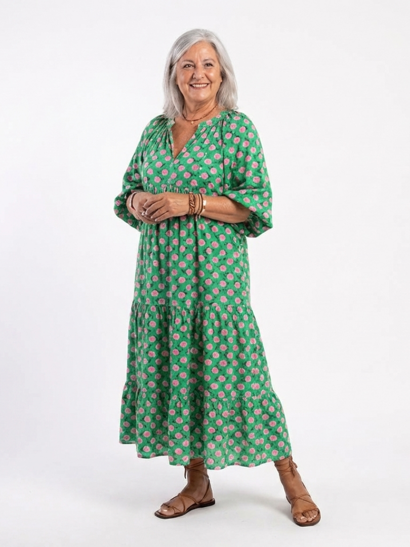 Isabella | Floral Print V Neck Tiered Midi Dress