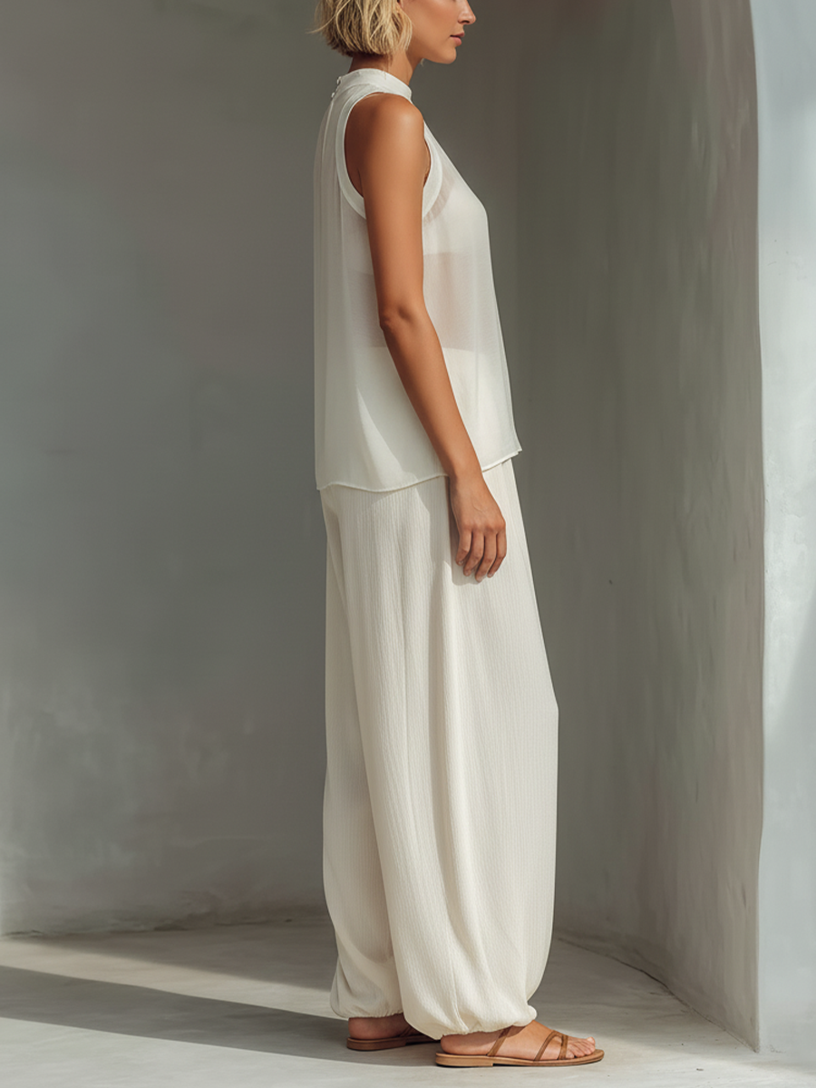 Mia | Semi-Sheer Sleeveless Top & Drawstring Wide-Leg Trousers