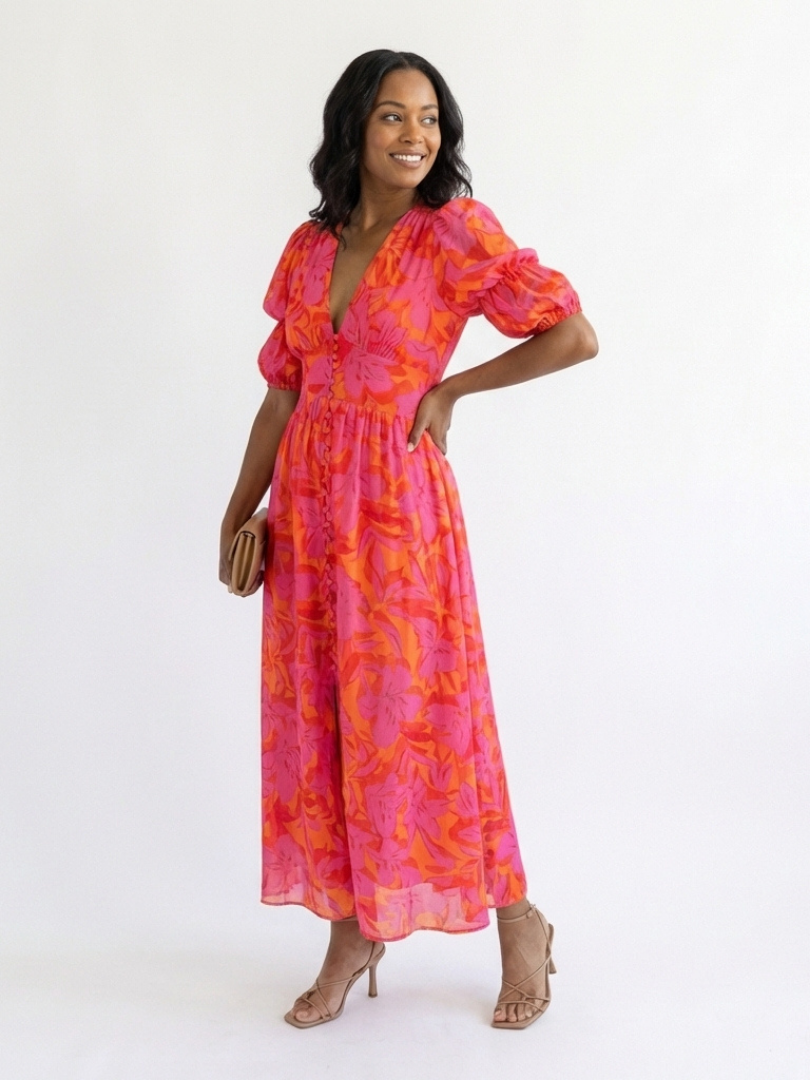 Hayes & Tate™  | Floral V Neck Puff Sleeve Midi Dress
