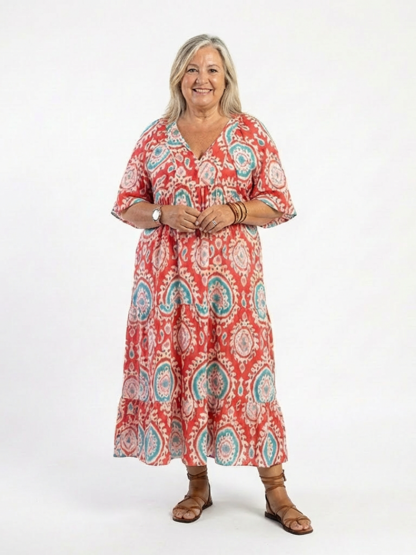 Lila | Paisley Print V Neck Short Sleeve Midi Dress