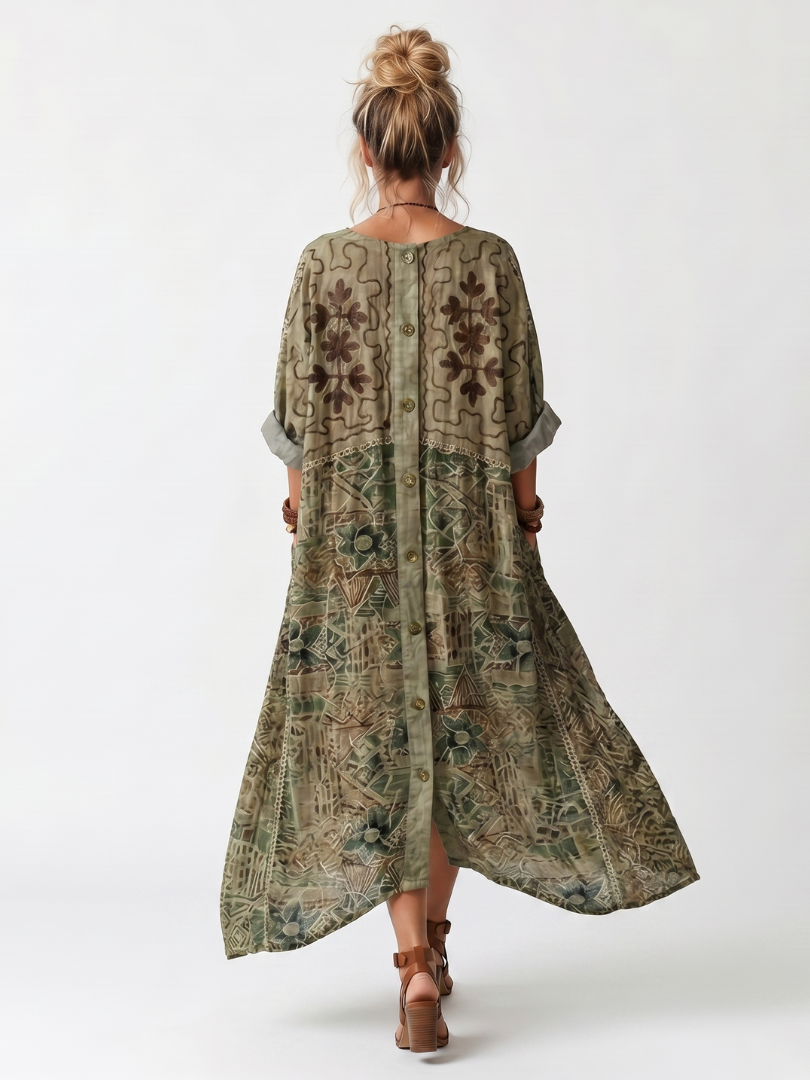 Mira | Button Front Embroidered Oversized Pocket Midi Dress