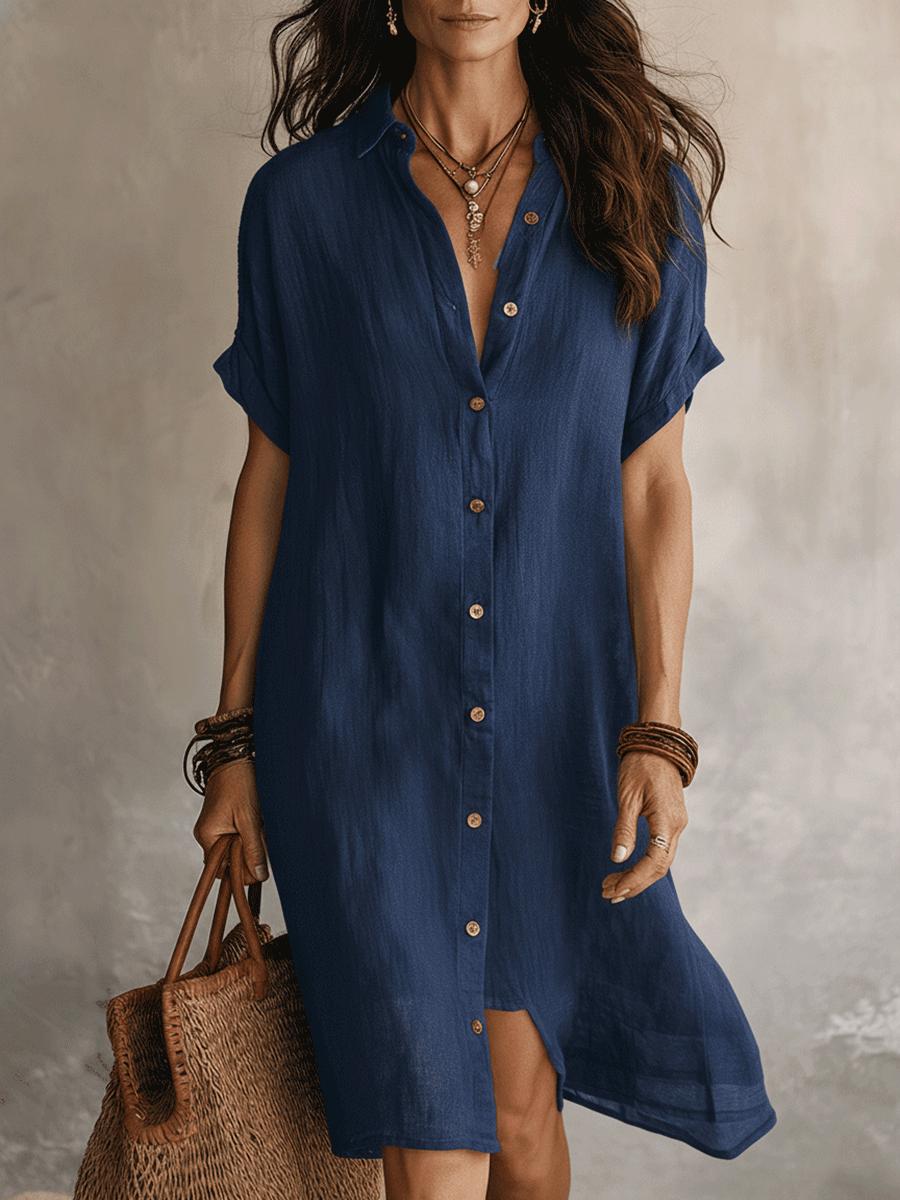 Céleste | Button-Down Linen & Cotton Midi Shirt Dress