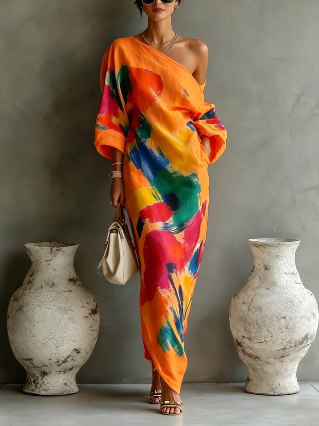 One-Shoulder Abstract Print Maxi Dress