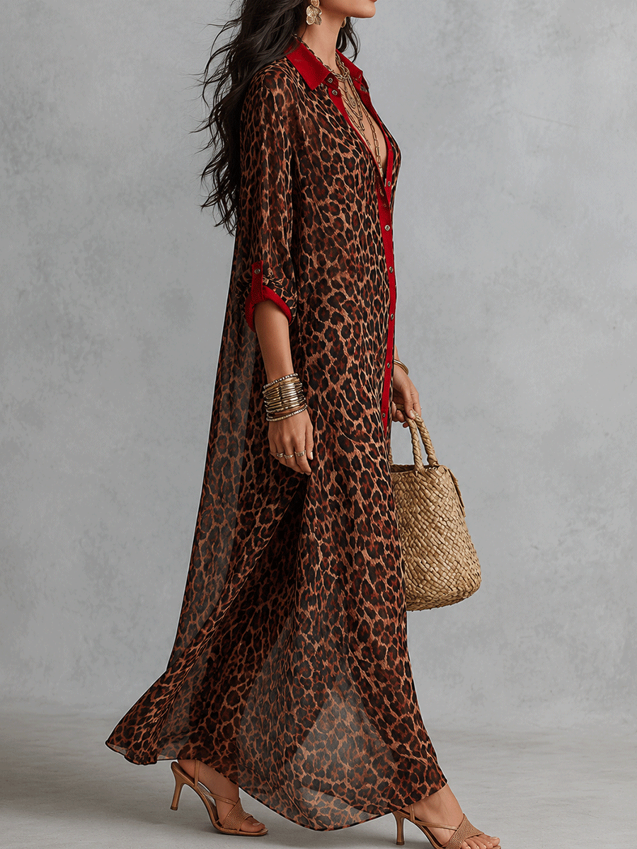 Effortless Glam Sheer Leopard Deep-V Belted Brown Shirt Maxi Dress