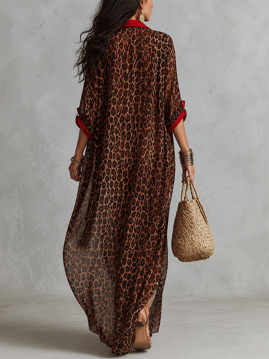 Effortless Glam Sheer Leopard Deep-V Belted Brown Shirt Maxi Dress