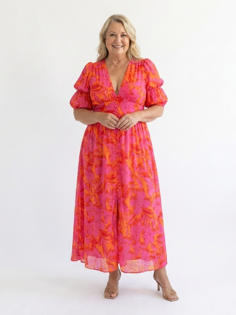 Hayes & Tate™  | Floral V Neck Puff Sleeve Midi Dress