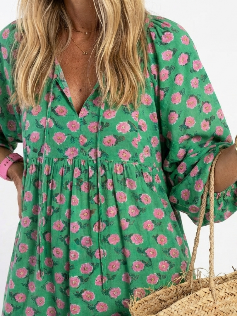 Isabella | Floral Print V Neck Tiered Midi Dress