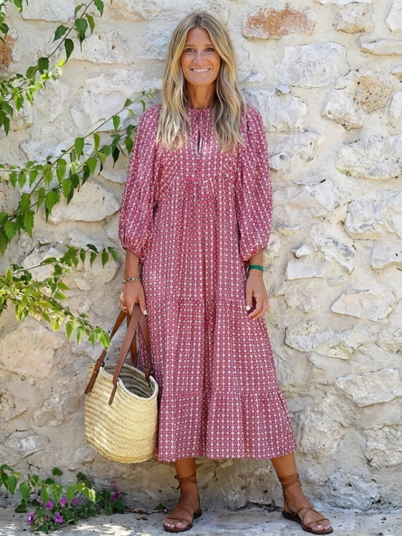 Celeste | Geometric Print Long Sleeve Midi Dress