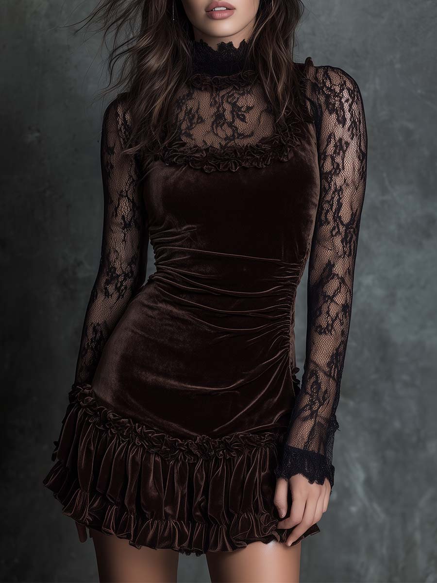 Mini pleated dress in chocolate velvet lace goth