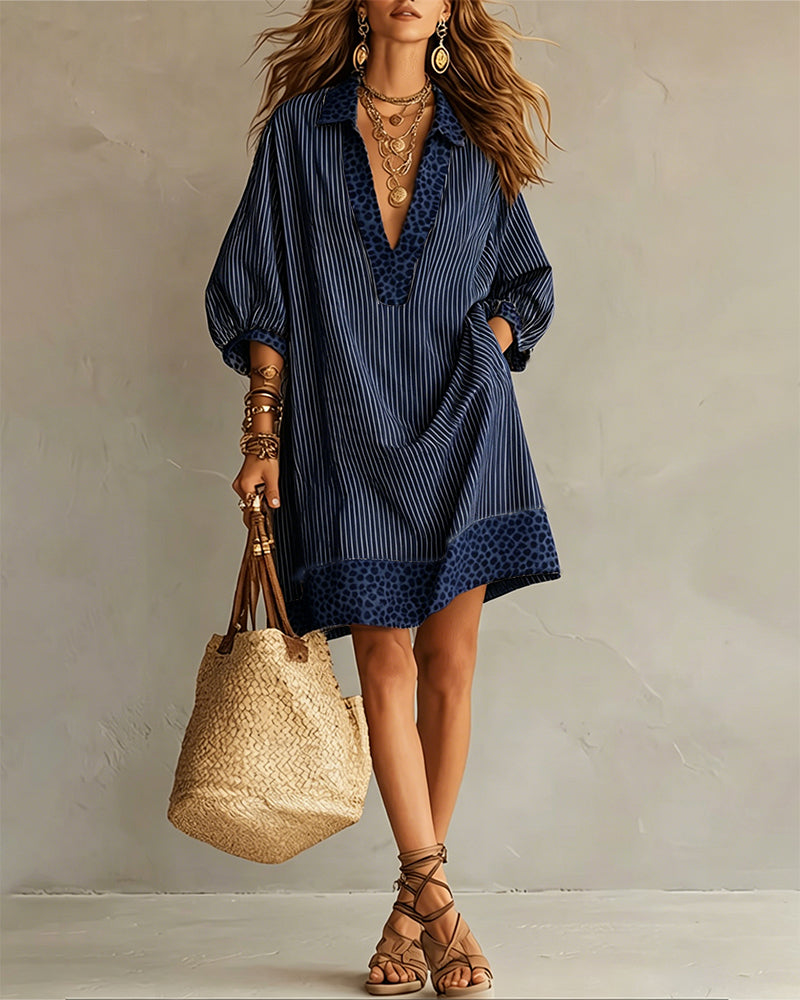 Carly | Leopard Print Panel Puff Sleeve Striped Shirt