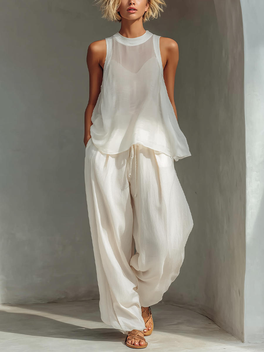 Mia | Semi-Sheer Sleeveless Top & Drawstring Wide-Leg Trousers